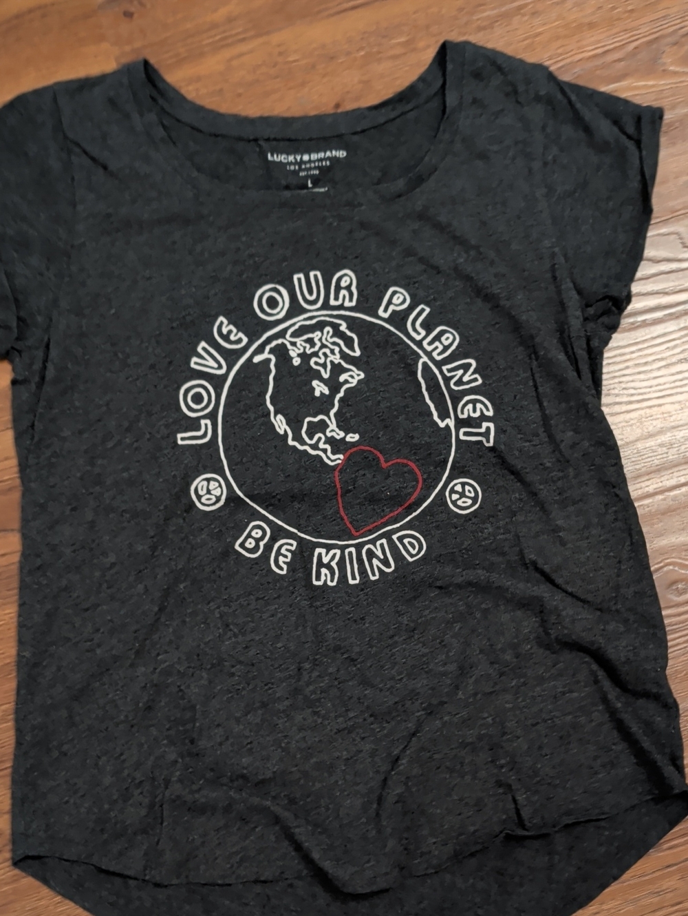 Lucky Brand Black Women's 'Love Our Planet' Graphic Tee with Red Heart